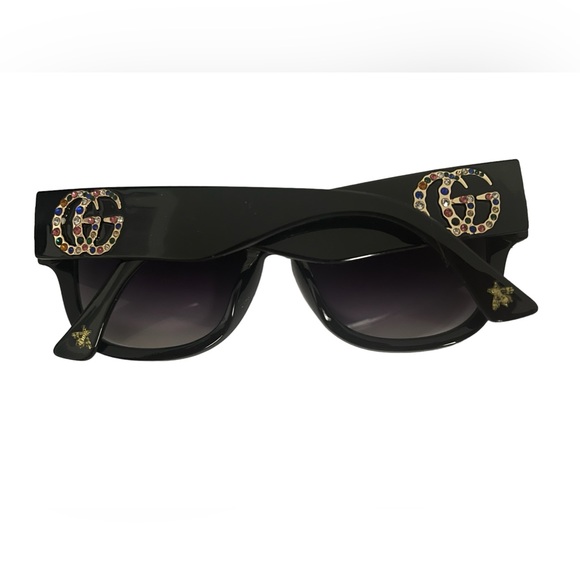 Black Semi Cat Eye Sunglasses with Purple Lenses - Rhinestones & Gold Emblems - Picture 6 of 10